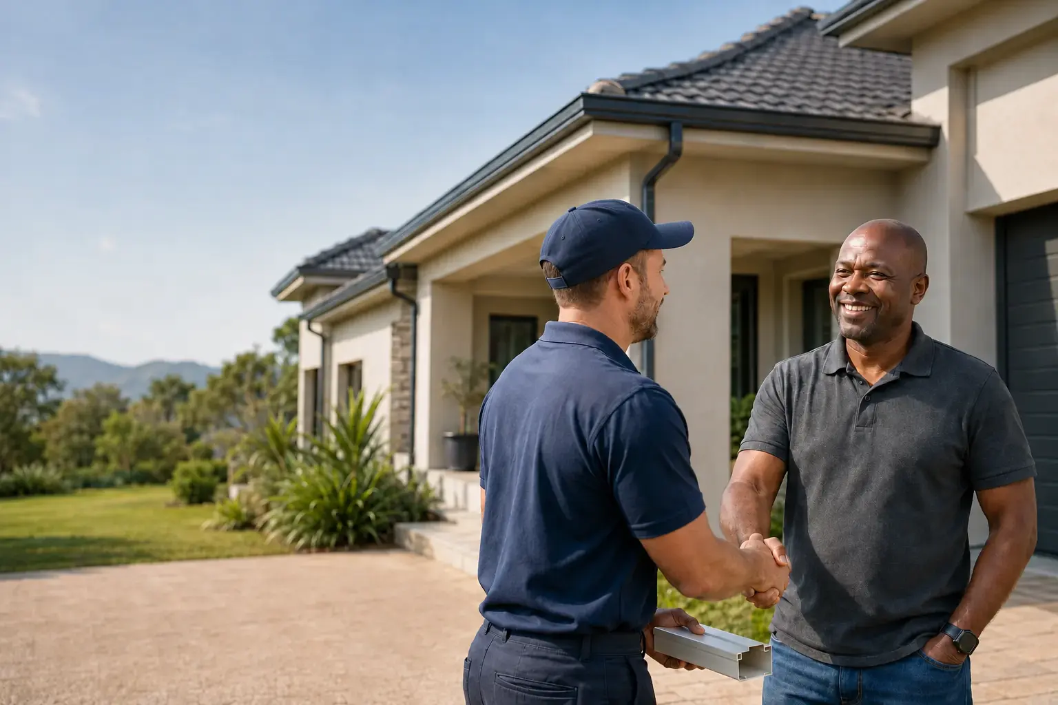 Caucasian guttering professional in a navy cap greeting a homeowner outside a modern home