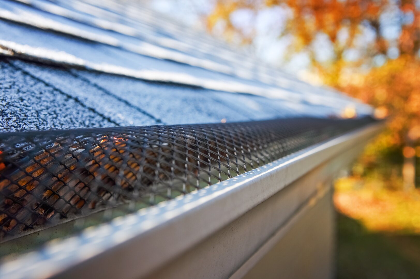 Leaf guard fitted neatly over a residential gutter