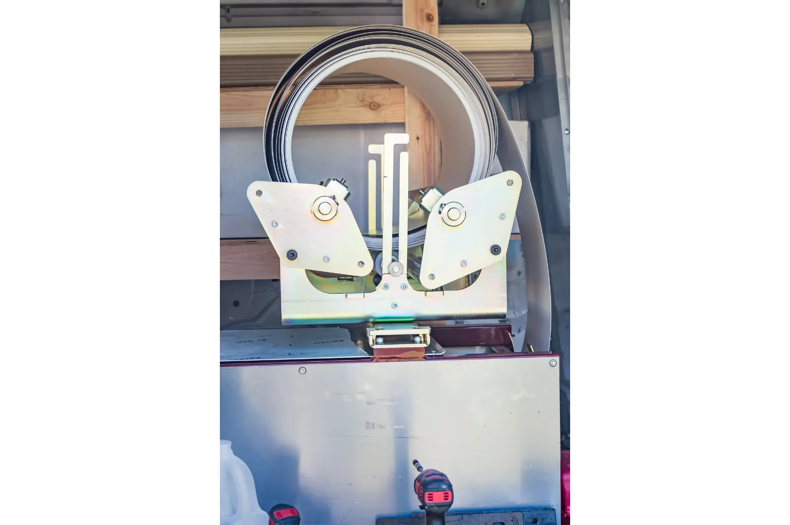Rear view of mobile gutter-forming equipment