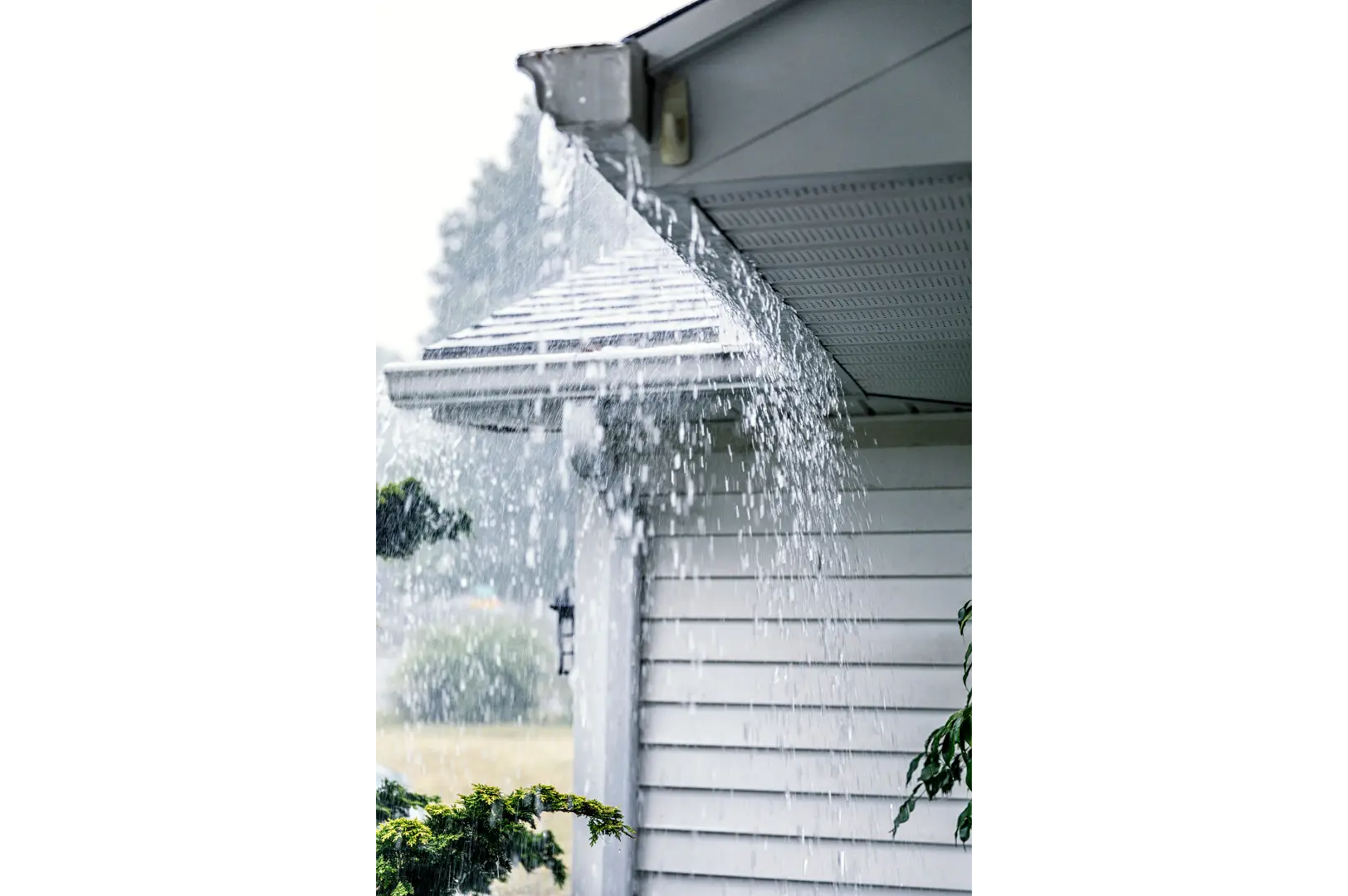 Residential gutter overflowing during heavy rain